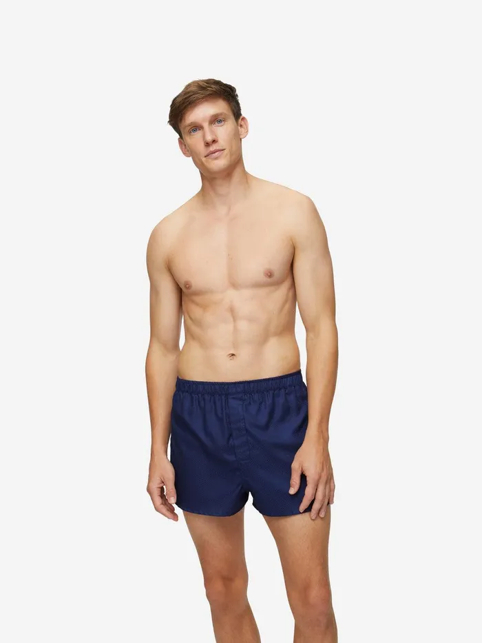 Derek Rose Modern Fit Boxers Lombard 6 Cotton Jacquard Navy Men Modern Fit Boxer Shorts