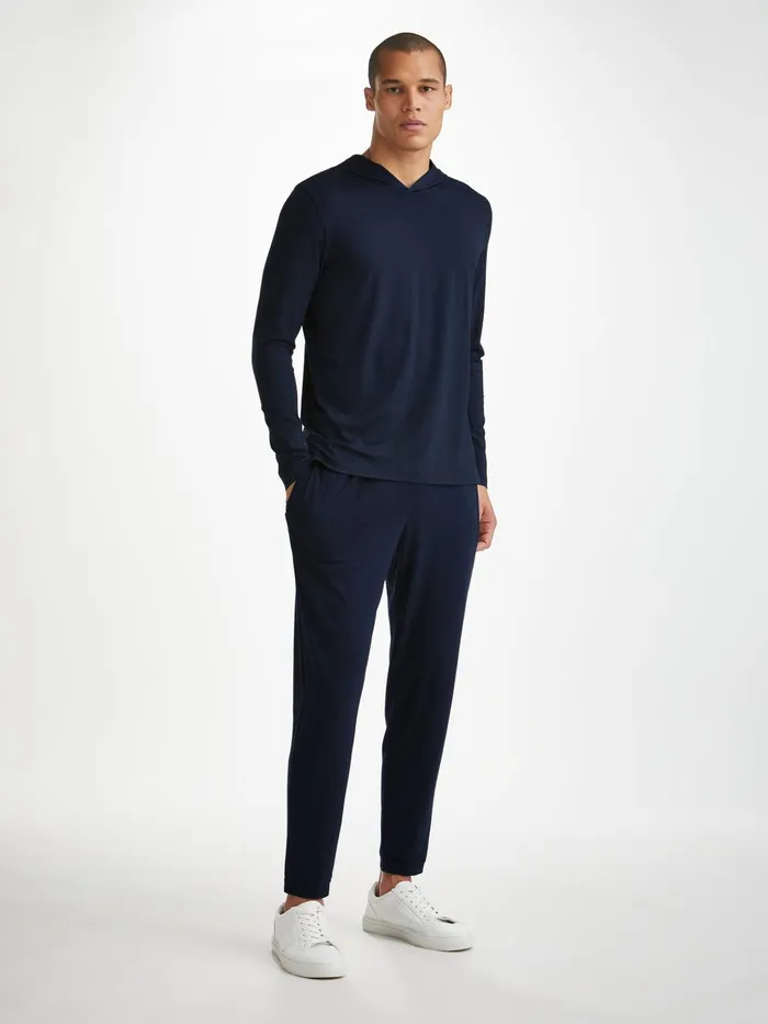 Derek Rose Pullover Hoodie Basel Micro Modal Stretch Navy Men Hooded Tops