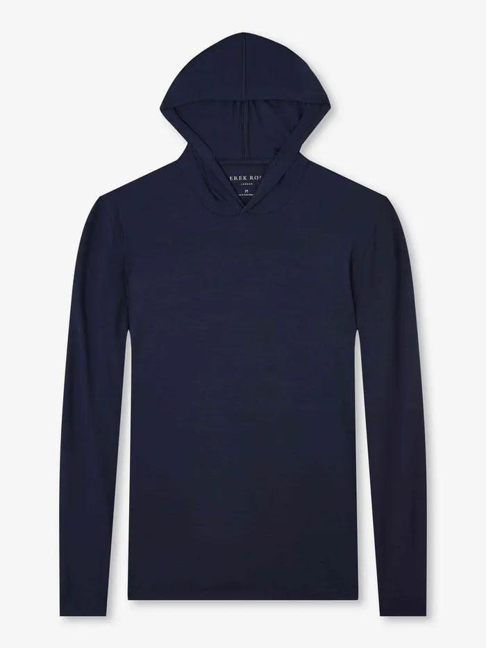 Derek Rose Pullover Hoodie Basel Micro Modal Stretch Navy Men Hooded Tops