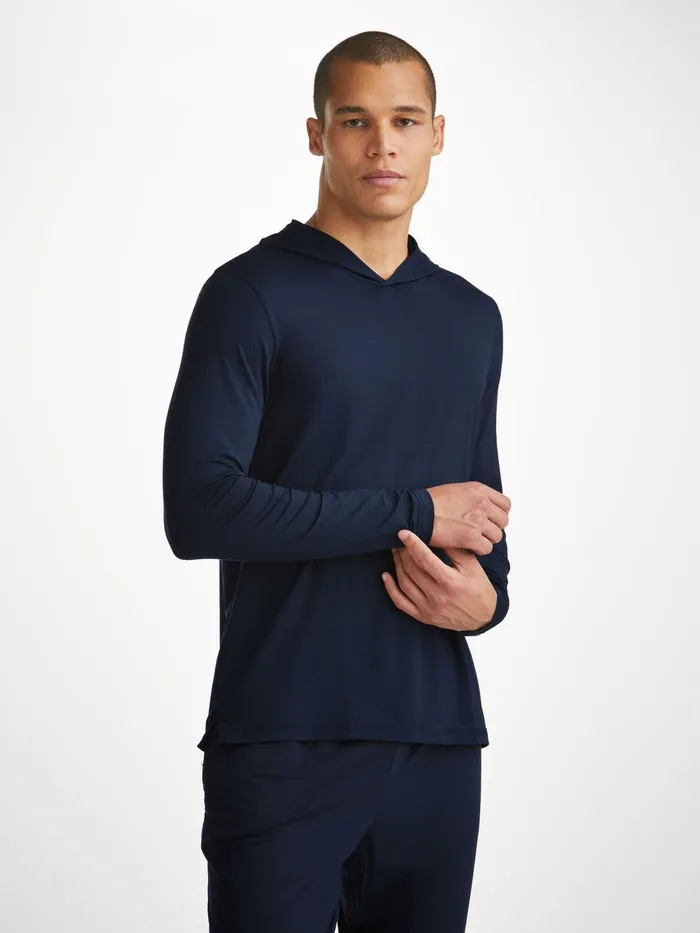 Derek Rose Pullover Hoodie Basel Micro Modal Stretch Navy Men Hooded Tops