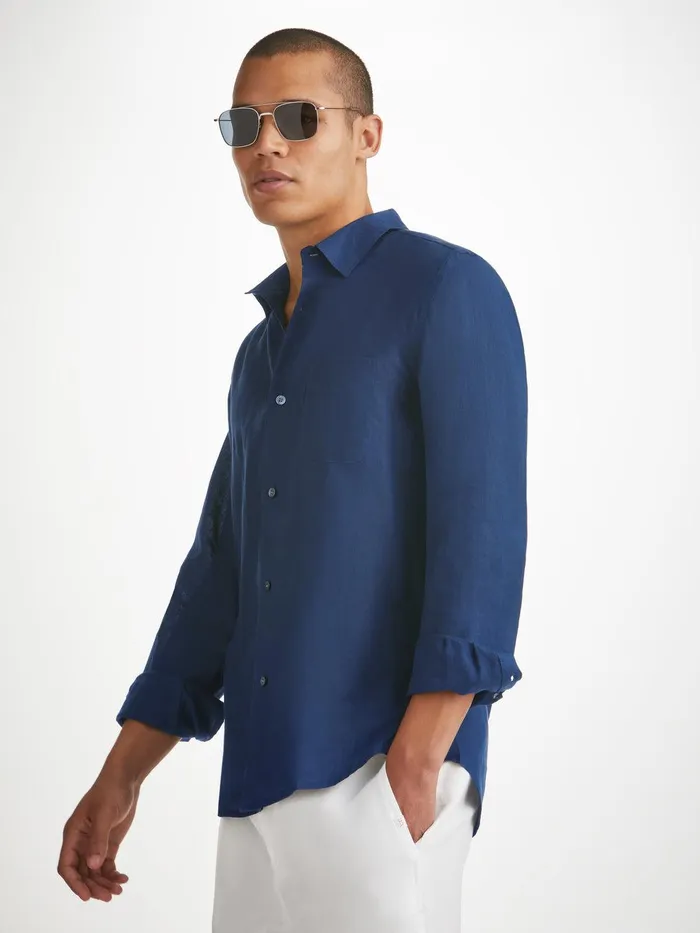 Derek Rose Shirt Monaco 2 Linen Navy Men Casual Shirts