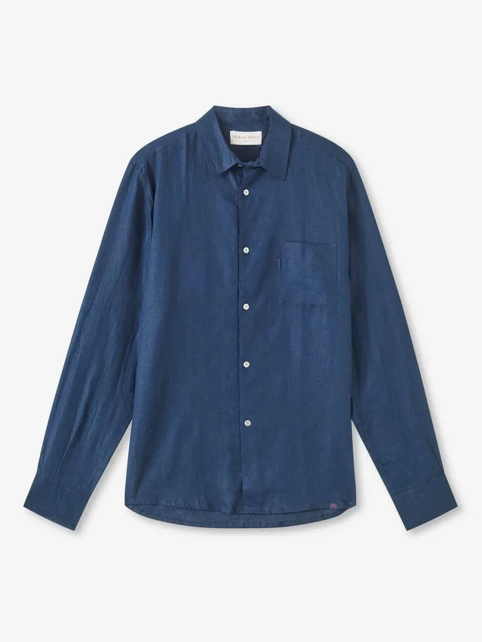 Derek Rose Shirt Monaco 2 Linen Navy Men Casual Shirts