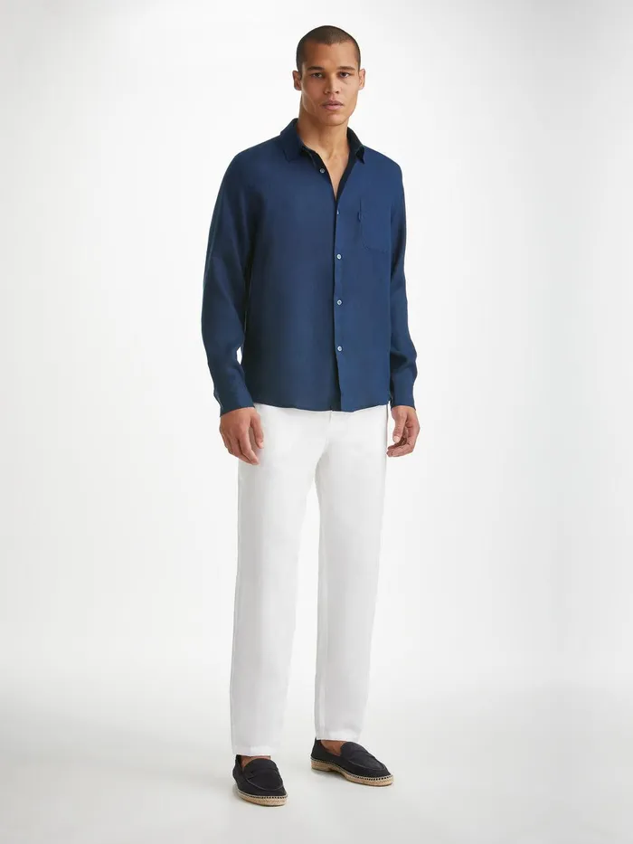 Derek Rose Shirt Monaco 2 Linen Navy Men Casual Shirts