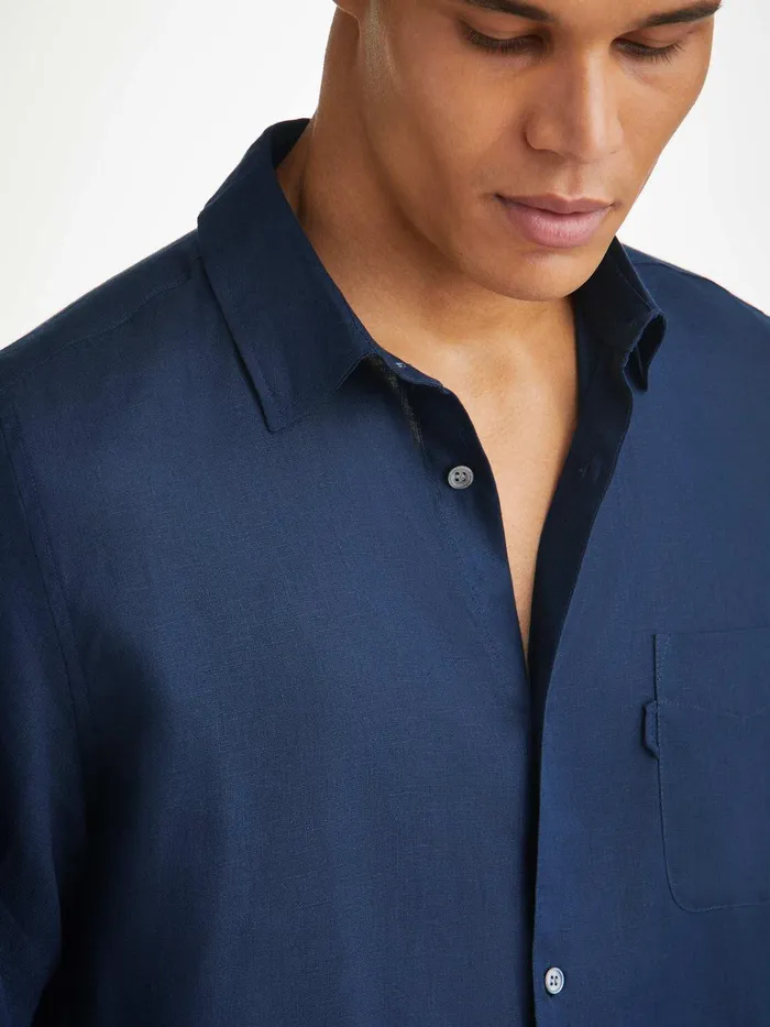 Derek Rose Shirt Monaco 2 Linen Navy Men Casual Shirts