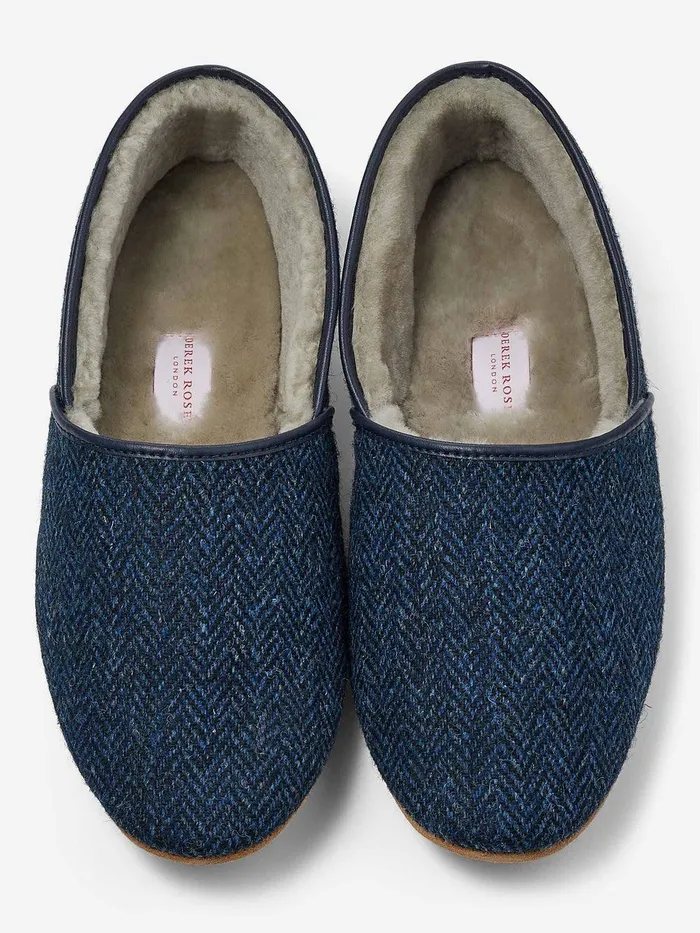 Derek Rose Slippers Crawford 2 Harris Tweed Sheepskin Navy MenSlippers Slippers