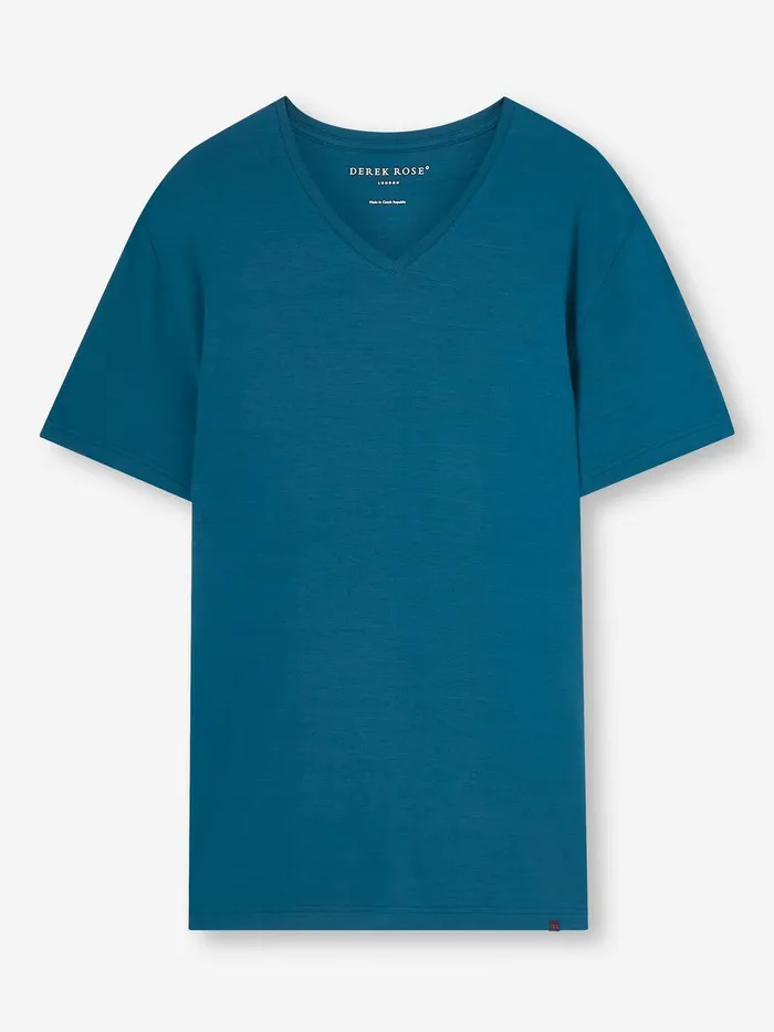 Derek Rose VNeck TShirt Basel Micro Modal Stretch Poseidon Blue Men Short Sleeve TShirts