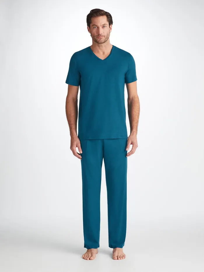 Derek Rose VNeck TShirt Basel Micro Modal Stretch Poseidon Blue Men Short Sleeve TShirts