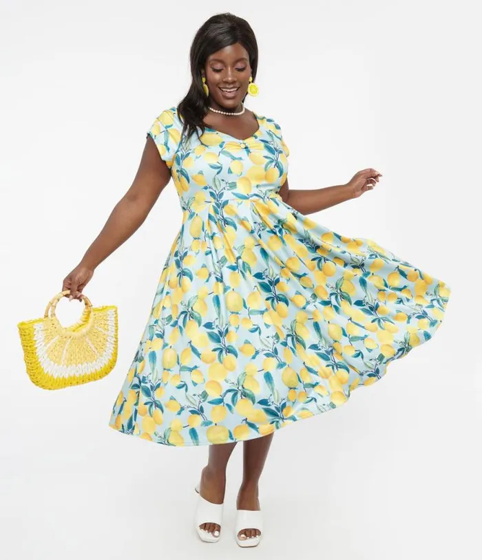 Dolly and Dotty 1950s Blue and Yellow Lemon Off The Shoulder Lily Swing Dress DressesPlus Unique Vintage Pocket Dresses Dolly and Dotty 1950s Blue and Yellow Lemon Off The Shoulder Lily Swing Dress DressesPlus Unique Vintage Pocket Dresses