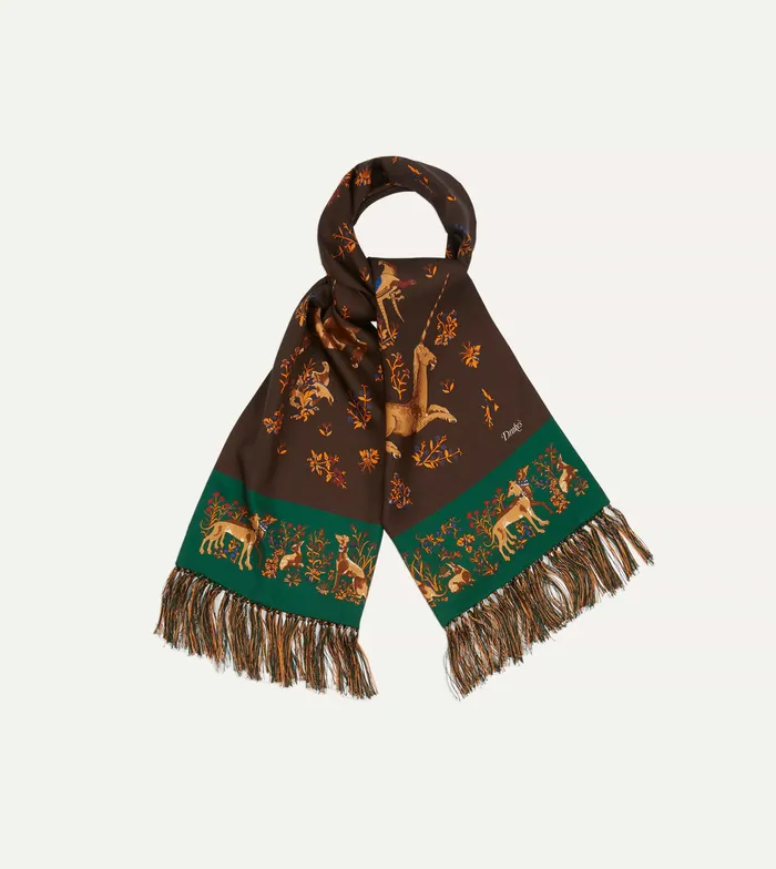 Drake039s Brown Unicorn Print Tubular Silk Tasselled Scarf Men Scarves