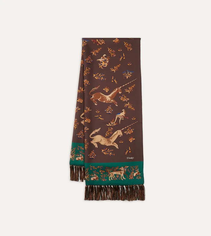 Drake039s Brown Unicorn Print Tubular Silk Tasselled Scarf Men Scarves