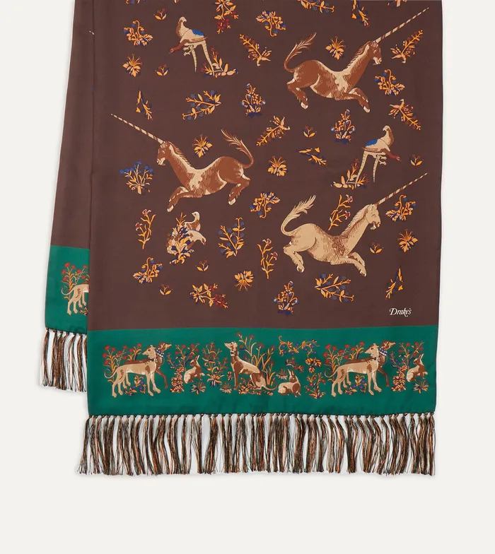 Drake039s Brown Unicorn Print Tubular Silk Tasselled Scarf Men Scarves