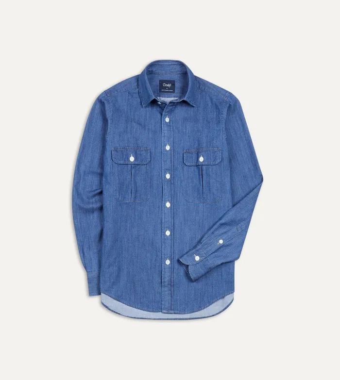 Drake039s MidBlue Washed Denim Cotton TwoPocket Work Shirt Men Denim