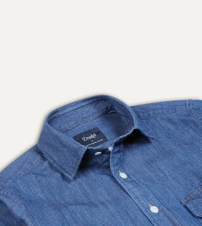 Drake039s MidBlue Washed Denim Cotton TwoPocket Work Shirt Men Denim