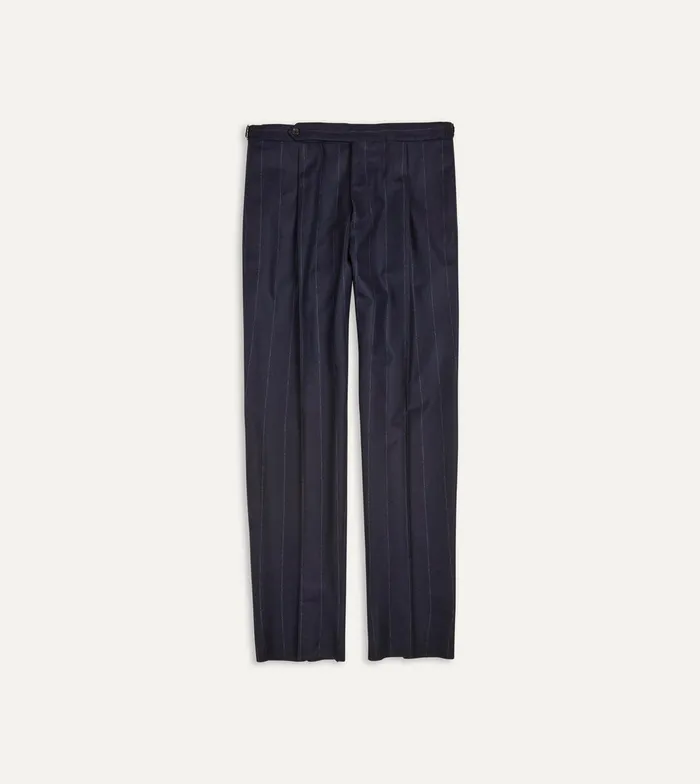 Drake039s Navy Chalkstripe Wool Flannel Single Pleat Trouser Men Suit Trousers
