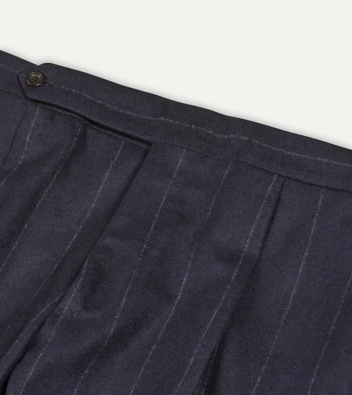 Drake039s Navy Chalkstripe Wool Flannel Single Pleat Trouser Men Suit Trousers