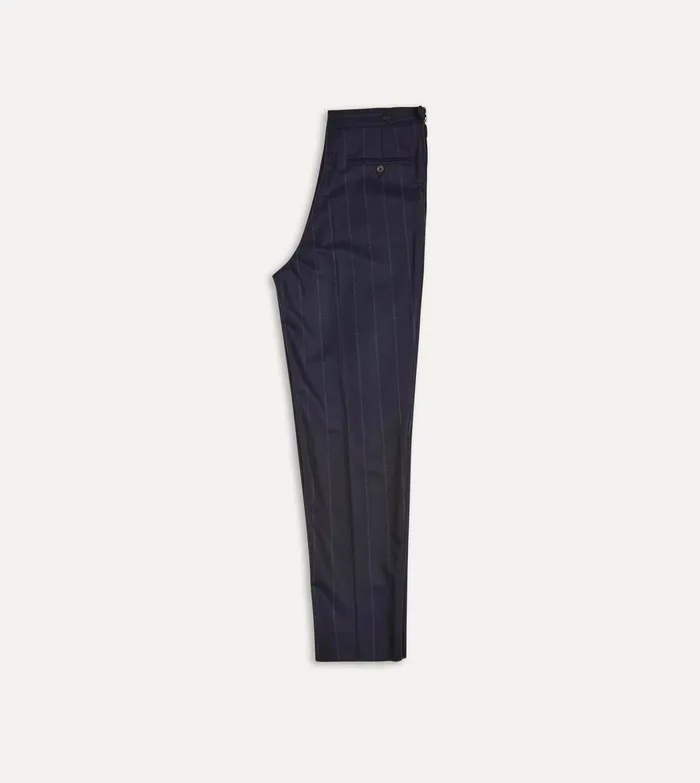 Drake039s Navy Chalkstripe Wool Flannel Single Pleat Trouser Men Suit Trousers