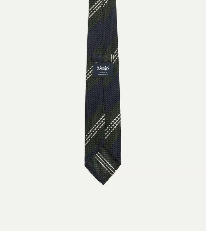 Drake039s Navy Green And White Multi Stripe Silk Grenadine Tie Men Striped Ties