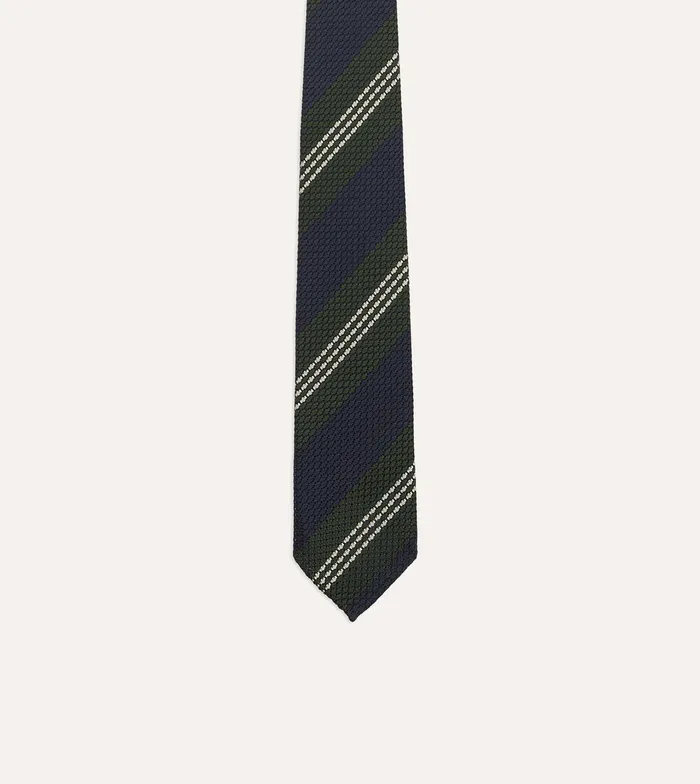 Drake039s Navy Green And White Multi Stripe Silk Grenadine Tie Men Striped Ties