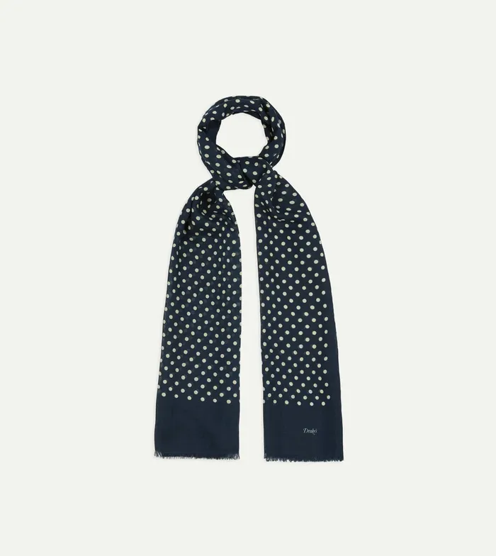 Drake039s Navy HandDrawn Polka Dot WoolSilk Scarf Men Scarves