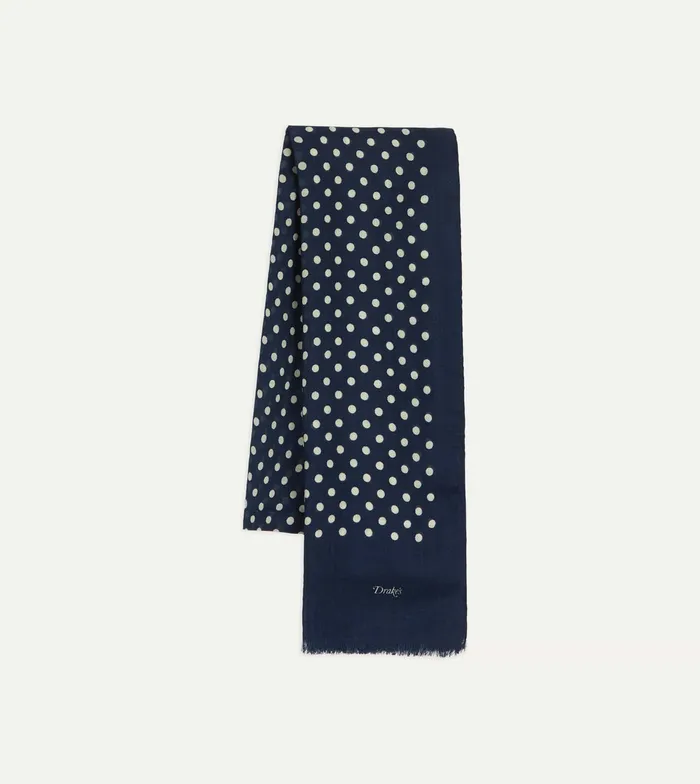 Drake039s Navy HandDrawn Polka Dot WoolSilk Scarf Men Scarves