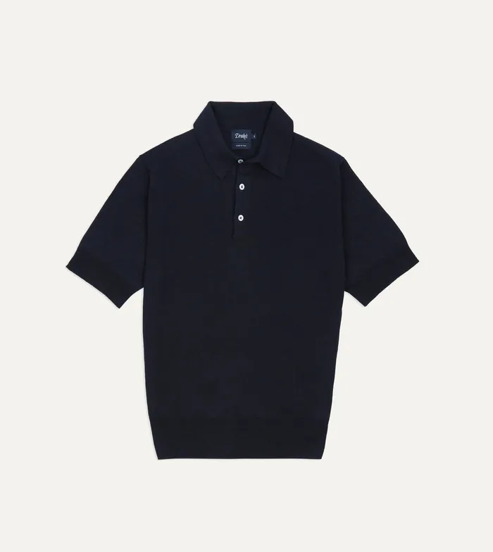 Drake039s Navy Knitted LinenCotton ShortSleeve Polo Shirt Men Knitwear