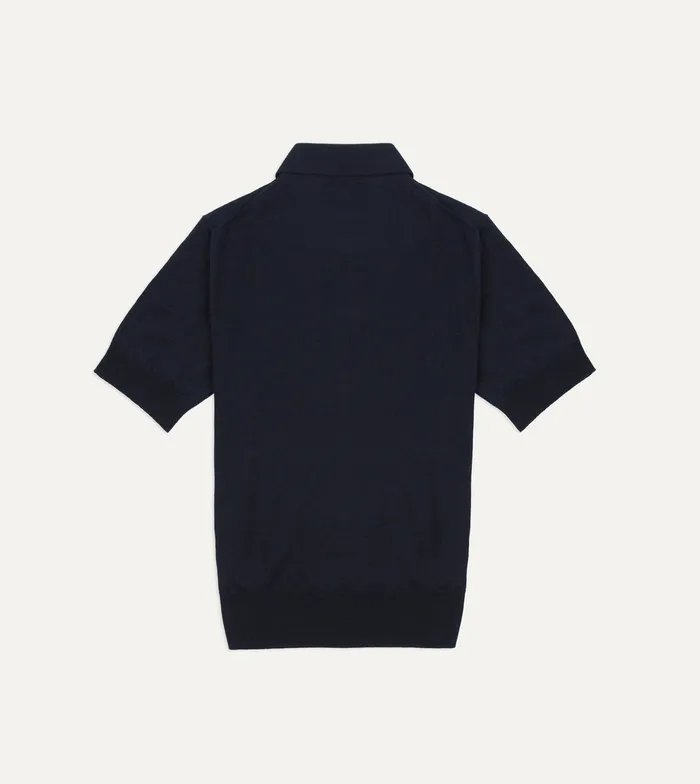 Drake039s Navy Knitted LinenCotton ShortSleeve Polo Shirt Men Knitwear