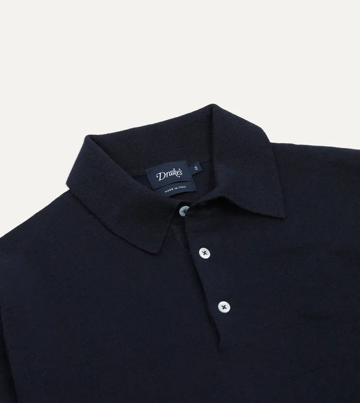 Drake039s Navy Knitted LinenCotton ShortSleeve Polo Shirt Men Knitwear