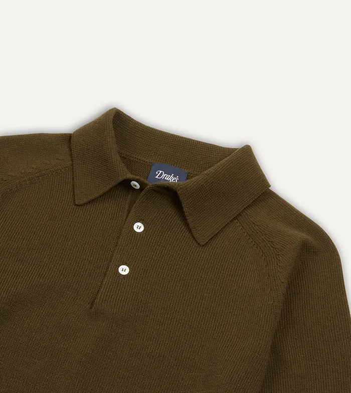 Drake039s Olive Merino Wool Knitted Polo Men Polos and Sweatshirts Drake039s Olive Merino Wool Knitted Polo Men Polos and Sweatshirts