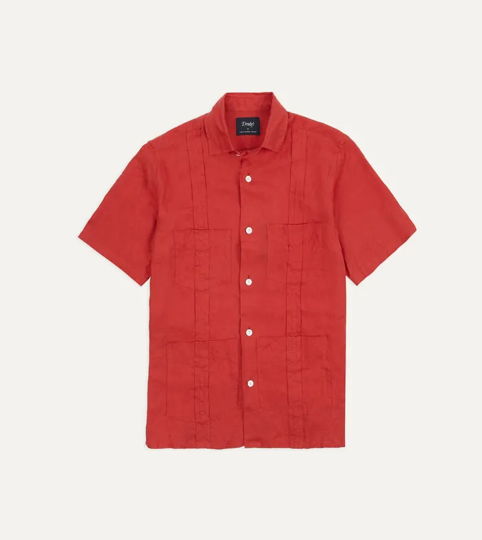 Drake039s Red Linen Short Sleeve Cuban Shirt Men Linen Shirts