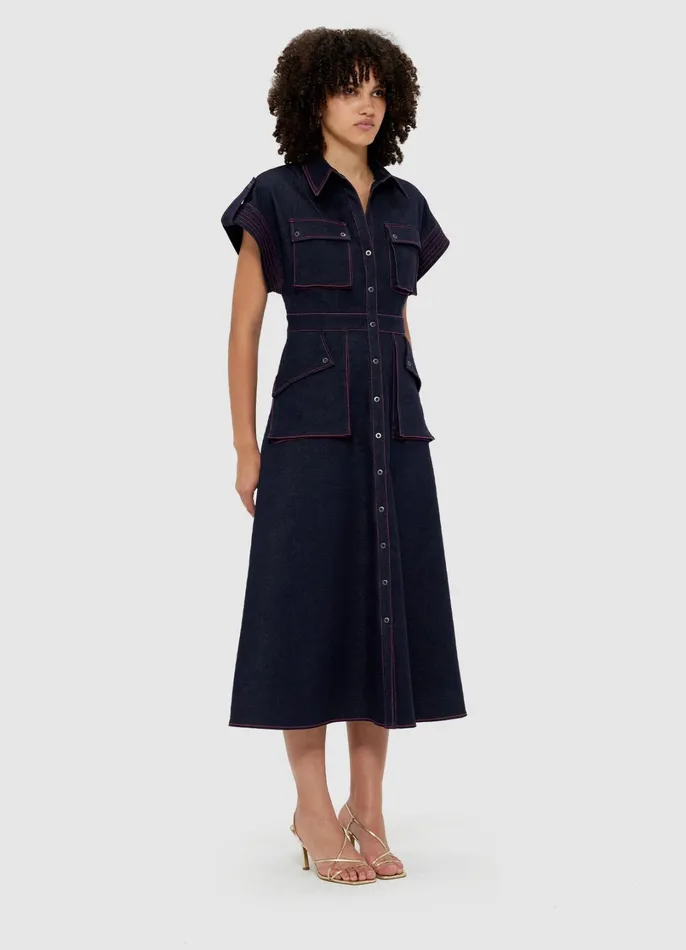 Dresses and Jumpsuits Women LEO LIN Audrey Pocket Shirt Denim Midi Dress 8211 Indigo