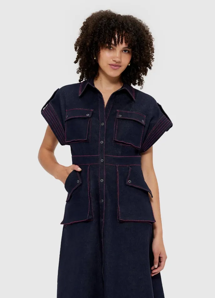 Dresses and Jumpsuits Women LEO LIN Audrey Pocket Shirt Denim Midi Dress 8211 Indigo