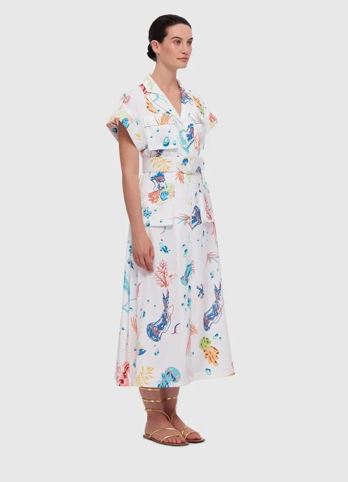 Dresses and Jumpsuits Women LEO LIN Audrey Pocket Shirt Midi Dress 8211 Twilight Print In White