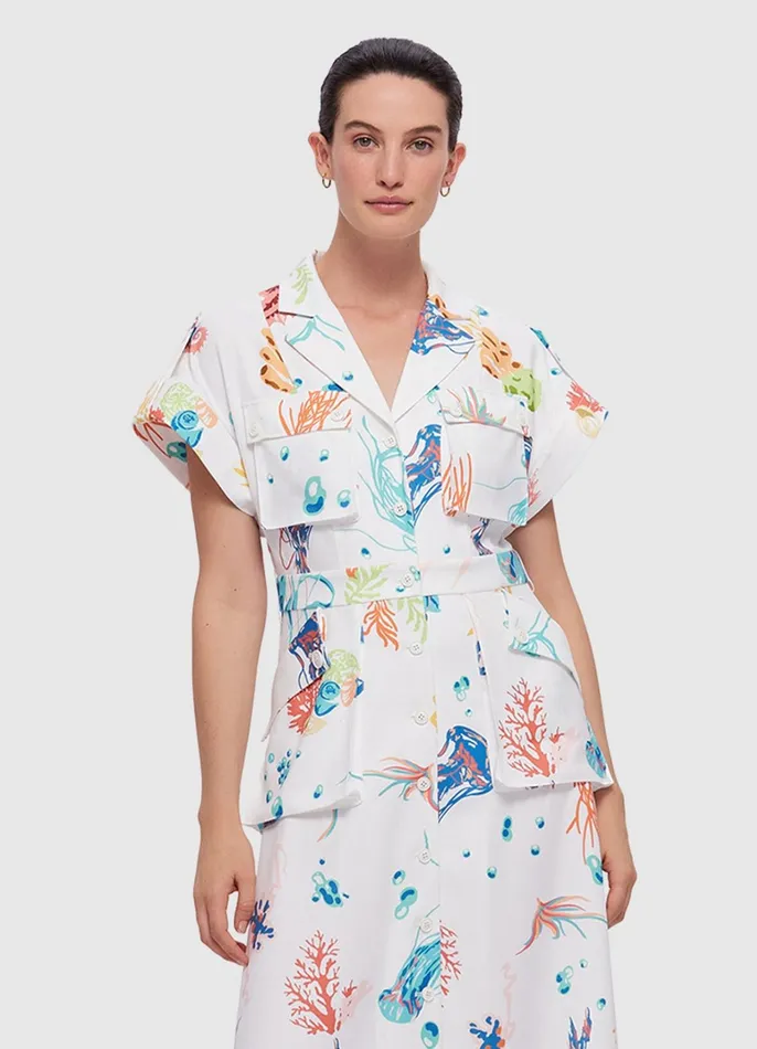 Dresses and Jumpsuits Women LEO LIN Audrey Pocket Shirt Midi Dress 8211 Twilight Print In White