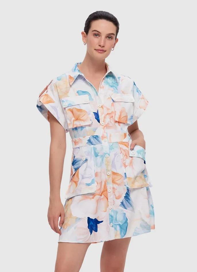 Dresses and Jumpsuits Women LEO LIN Frankie Pocket Shirt Mini Dress 8211 Rosebud Print In Cream