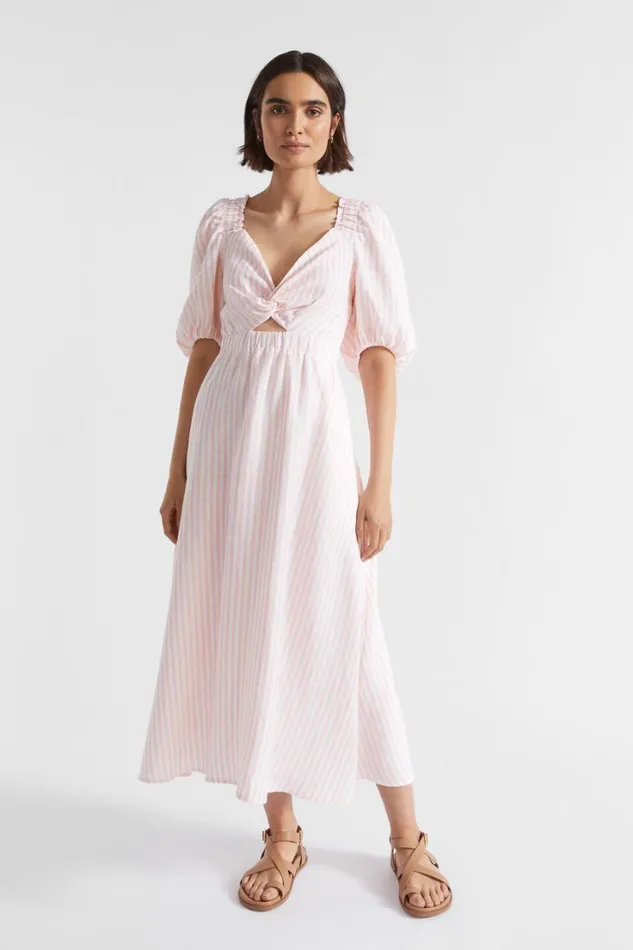 Dresses Woman Seed Heritage Linen Stripe Midi Dress Tulip Pink Stripe