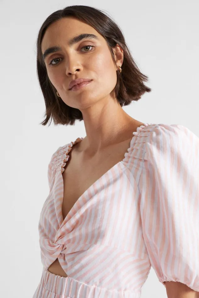 Dresses Woman Seed Heritage Linen Stripe Midi Dress Tulip Pink Stripe