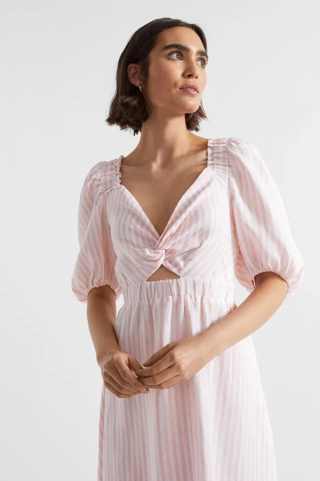 Dresses Woman Seed Heritage Linen Stripe Midi Dress Tulip Pink Stripe