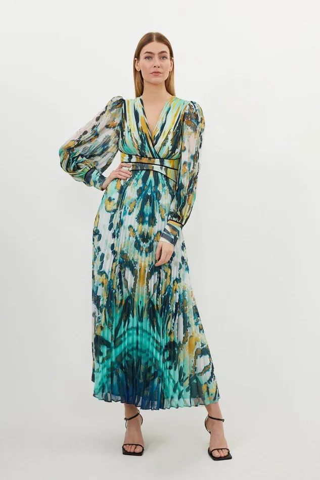 Dresses Women Karen Millen Abstract Ombre Pleated Woven Midaxi Dress Green
