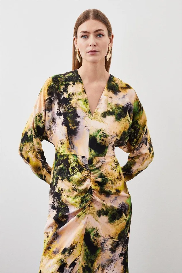 Dresses Women Karen Millen Abstract Print Viscose Satin Batwing Long Sleeve Midi Dress Multi