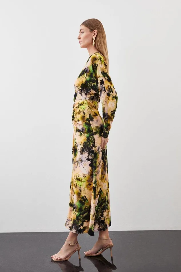 Dresses Women Karen Millen Abstract Print Viscose Satin Batwing Long Sleeve Midi Dress Multi