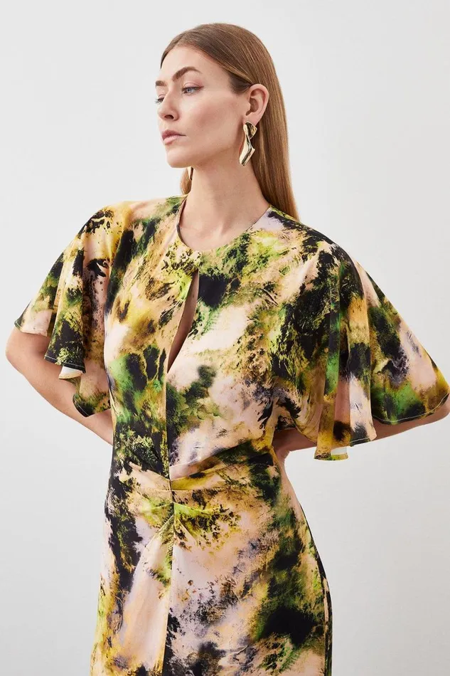 Dresses Women Karen Millen Abstract Print Viscose Satin Batwing Midi Dress Multi
