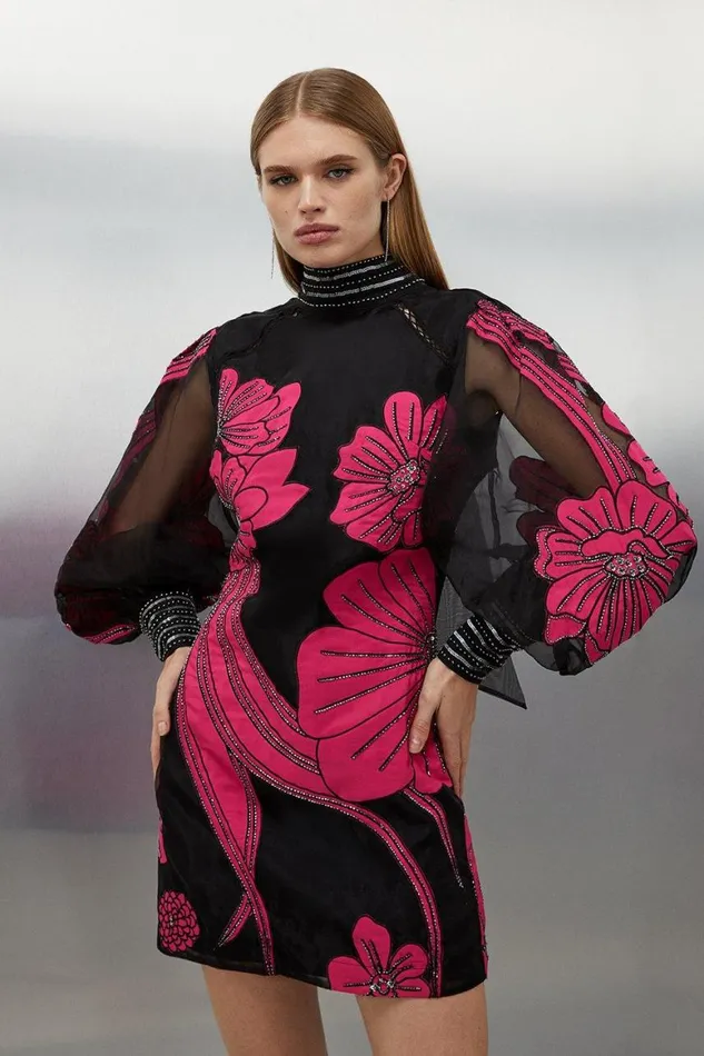 Dresses Women Karen Millen Applique Organdie Floral Graphic Woven Mini Dress Black Dresses Women Karen Millen Applique Organdie Floral Graphic Woven Mini Dress Black
