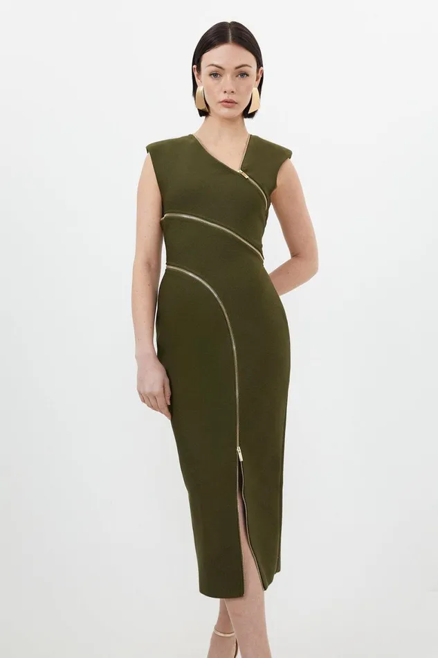 Dresses Women Karen Millen Bandage Form Fitting Zip Detail Midi Dress Khaki