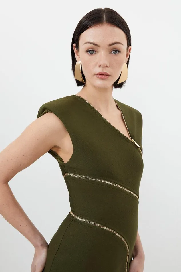Dresses Women Karen Millen Bandage Form Fitting Zip Detail Midi Dress Khaki