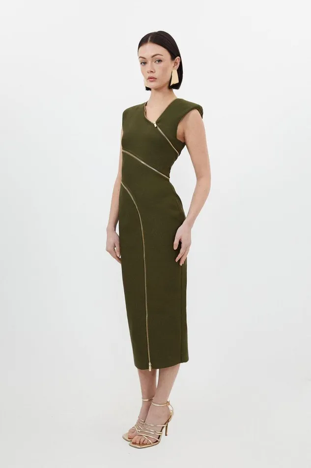 Dresses Women Karen Millen Bandage Form Fitting Zip Detail Midi Dress Khaki