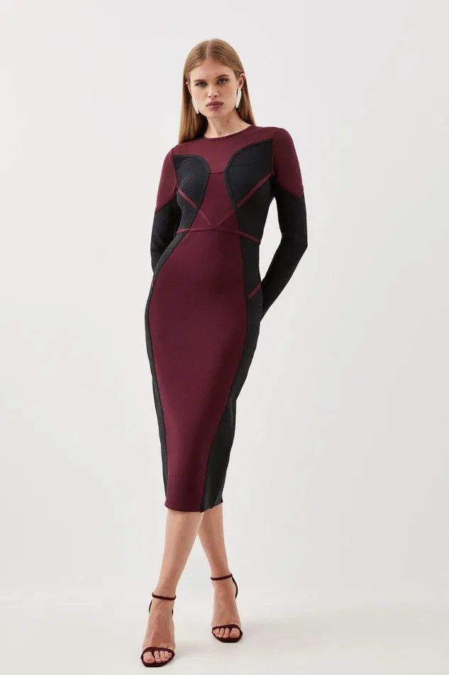 Dresses Women Karen Millen Bandage Knit And Mesh Colour Block Dress Burgundy