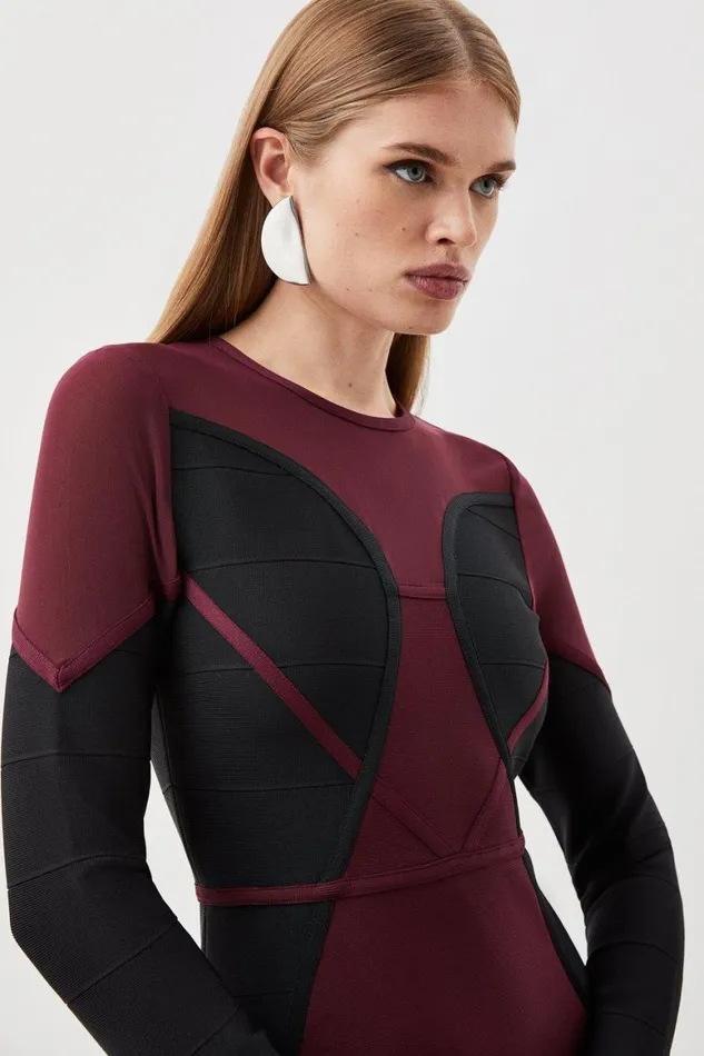 Dresses Women Karen Millen Bandage Knit And Mesh Colour Block Dress Burgundy