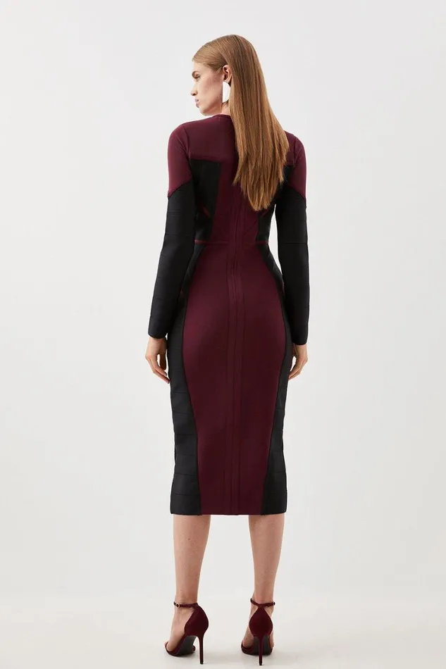 Dresses Women Karen Millen Bandage Knit And Mesh Colour Block Dress Burgundy