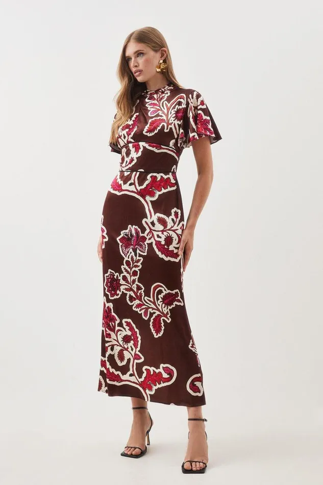 Dresses Women Karen Millen Batik Viscose Satin Angel Sleeve Woven Midi Dress Floral Dresses Women Karen Millen Batik Viscose Satin Angel Sleeve Woven Midi Dress Floral