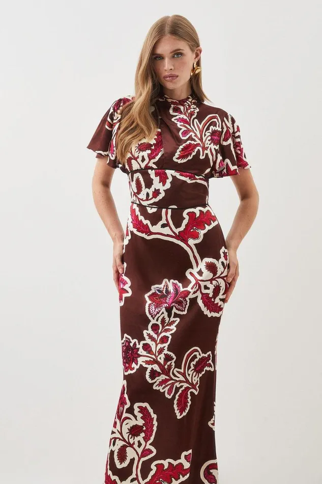 Dresses Women Karen Millen Batik Viscose Satin Angel Sleeve Woven Midi Dress Floral